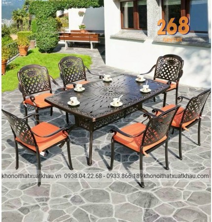 Bàn ngoài trời HCN 2 tầng ghế caro chéo