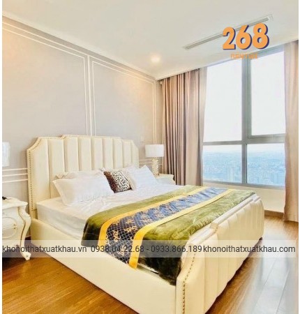 Giường vải nhung trắng kem